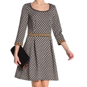 Max Studio Black Gold Floral Geometric Three-Quarter Sleeve A-Line Dress L NWT